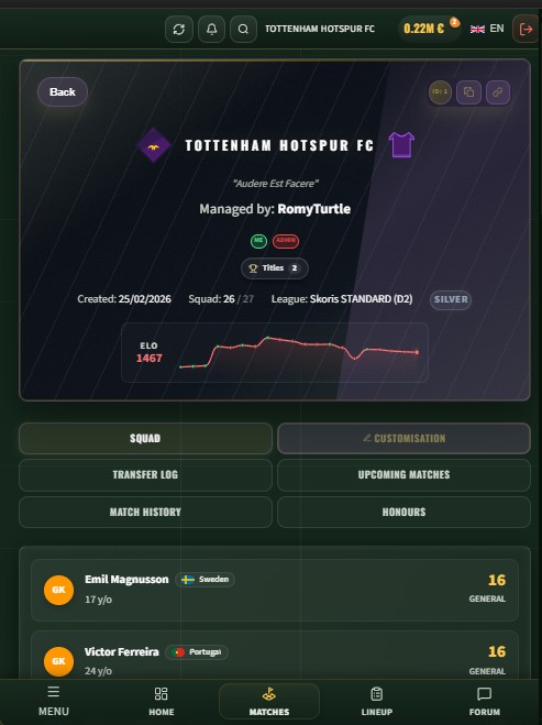 Skoris mobile club profile with Elo chart and squad overview