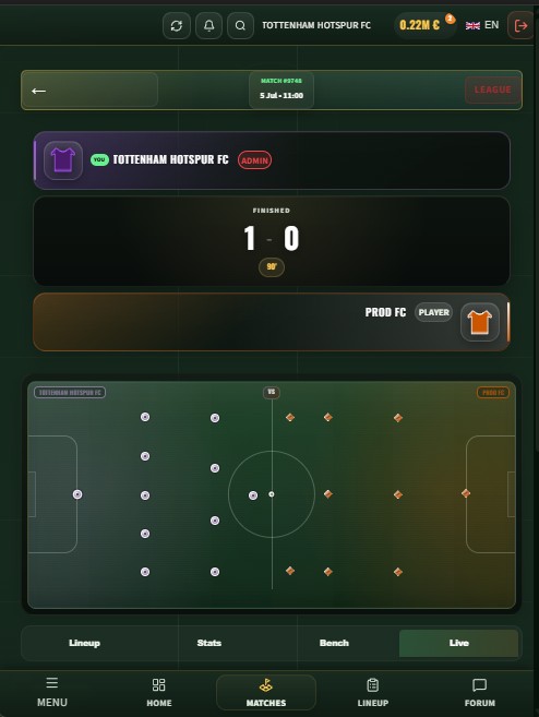 Skoris mobile summary of a finished 1–0 league match with player positions on the pitch
